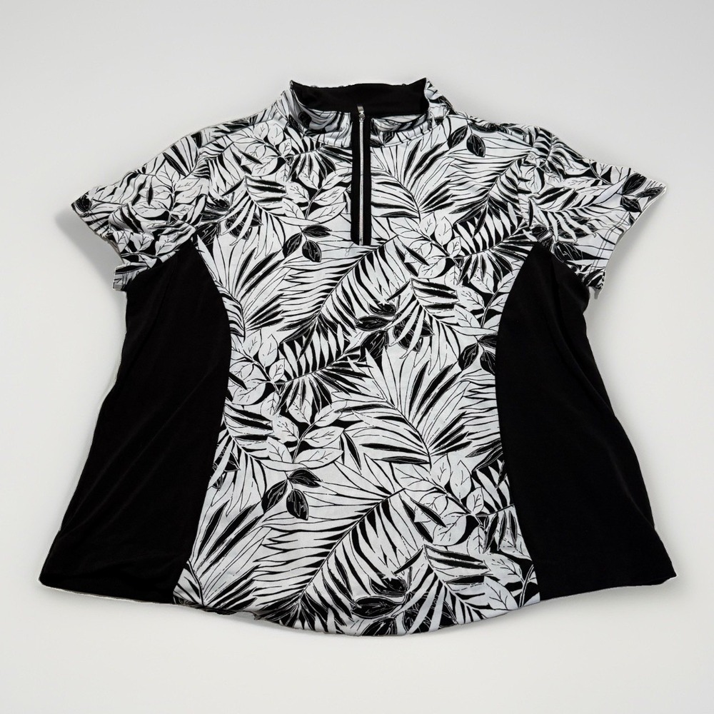 Weekends by Chicos Womens 2 Black White Tropical Quarter Zip Golf Shirt Top